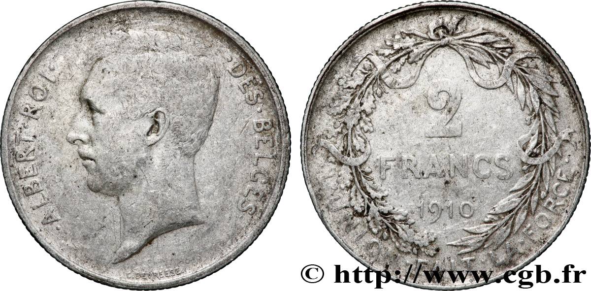 BELGIQUE 2 Francs Albert Ier légende française 1910 Bruxelles TB+