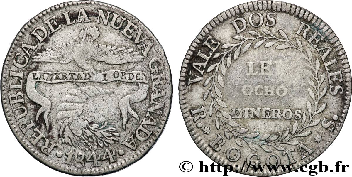 COLOMBIE - RÉPUBLIQUE DE NOUVELLE GRENADE 2 Reales 1844 Bogota TB+