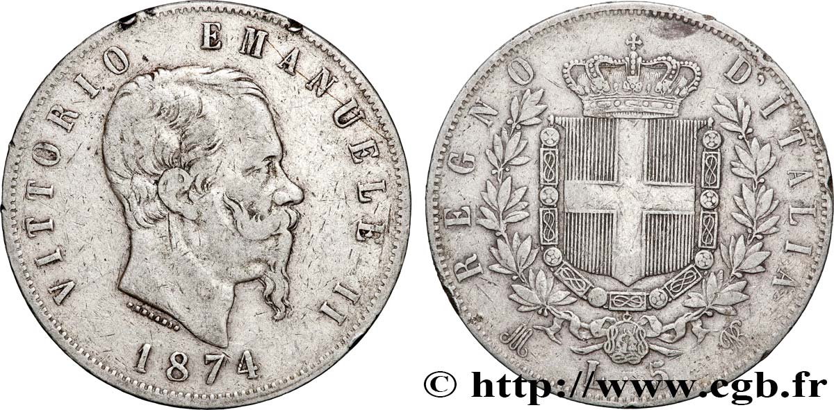 ITALIEN 5 Lire Victor Emmanuel II 1874 Milan fSS