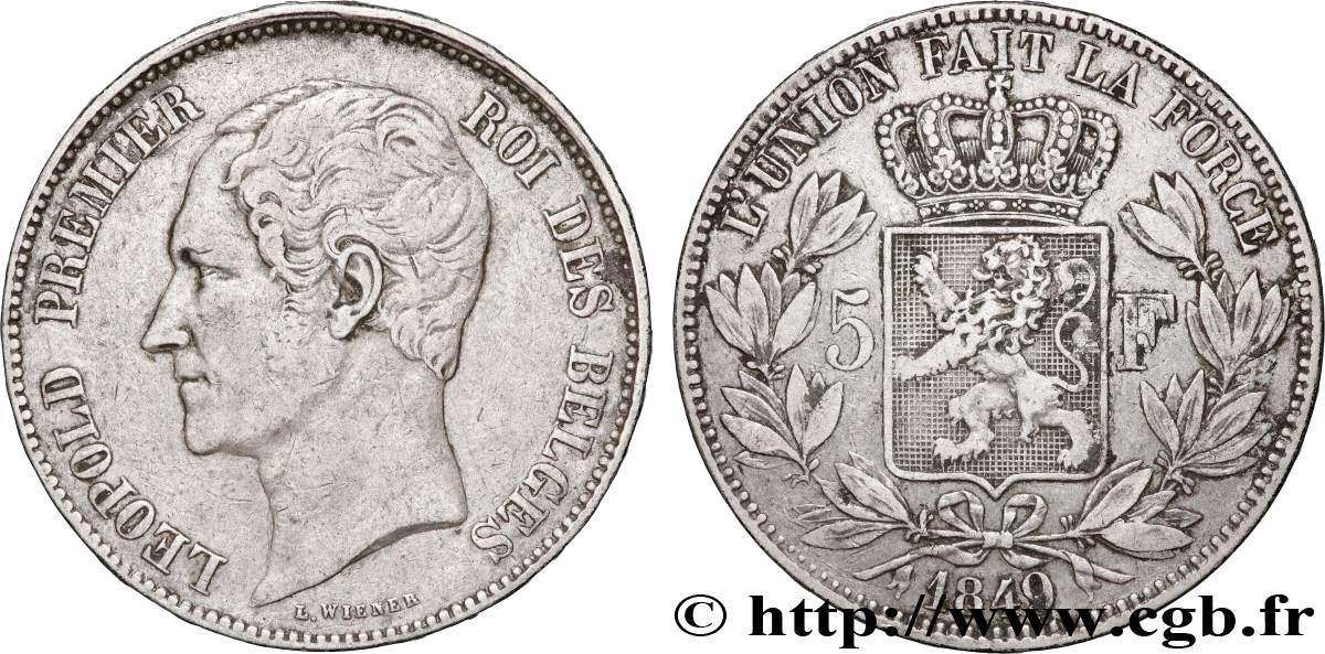 BELGIQUE - ROYAUME DE BELGIQUE - LÉOPOLD Ier 5 Francs tête nue 1849 SS