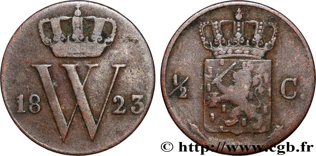 PAYS-BAS 1/2 Cent emblème monogramme de William Ier 1823 Utrecht TB