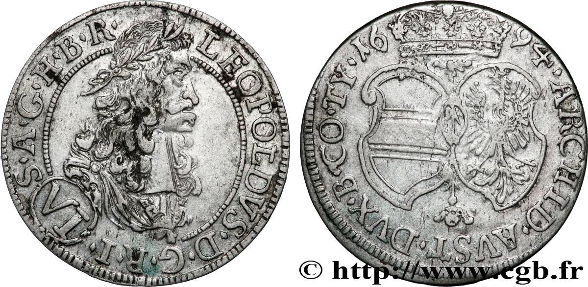 AUTRICHE - COMTÉ DE TYROL - LÉOPOLD Ier 6 kreuzer 1694 Hall TTB