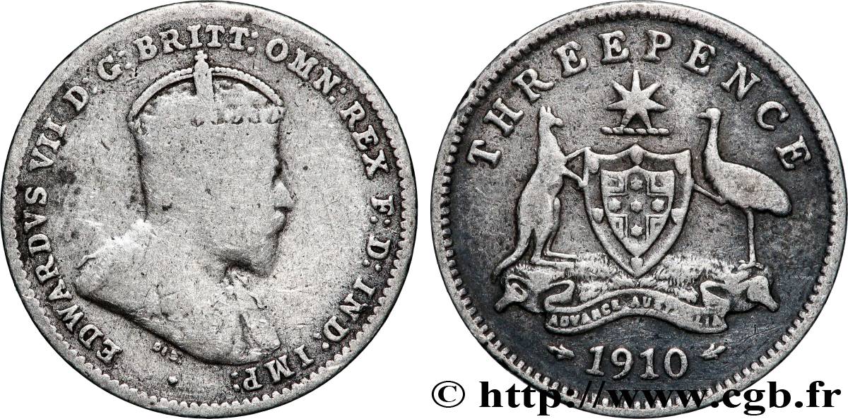 AUSTRALIA 3 Pence Édouard VII 1910 Londres VF