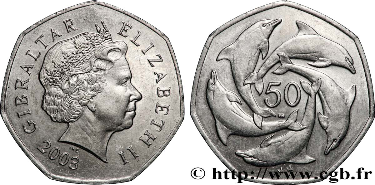 GIBILTERRA 50 Pence Elisabeth II / Dauphins 2003 Pobjoy Mint SPL