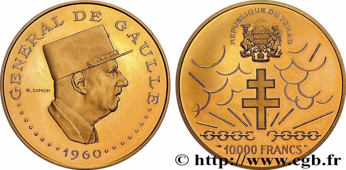 CHAD 10.000 Francs or, 10e anniversaire de l’indépendance, avec NI 1970 Paris MS