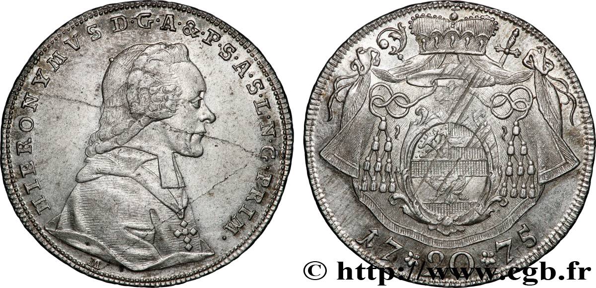 AUTRICHE - SALZBOURG 20 Kreutzer Jérôme Colloredo 1775 Salzbourg TTB+/SUP