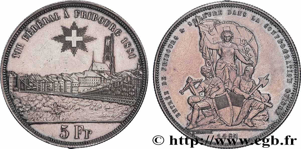 SUISSE 5 Francs, monnaie de Tir, Fribourg 1881 TTB+