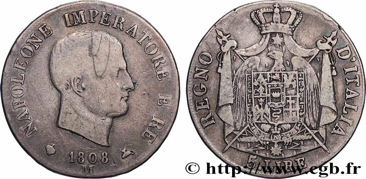 ITALIE - ROYAUME D ITALIE - NAPOLÉON Ier 5 Lire 1808 Milan TB+
