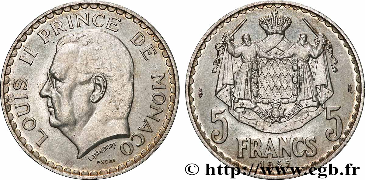 MONACO - PRINCIPAUTÉ DE MONACO - LOUIS II Essai 5 francs en argent 1945 Paris SPL