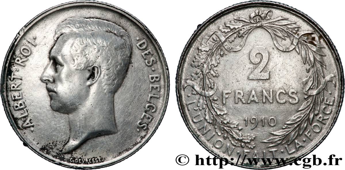 BELGIQUE 2 Francs Albert Ier légende française 1910 Bruxelles TB+