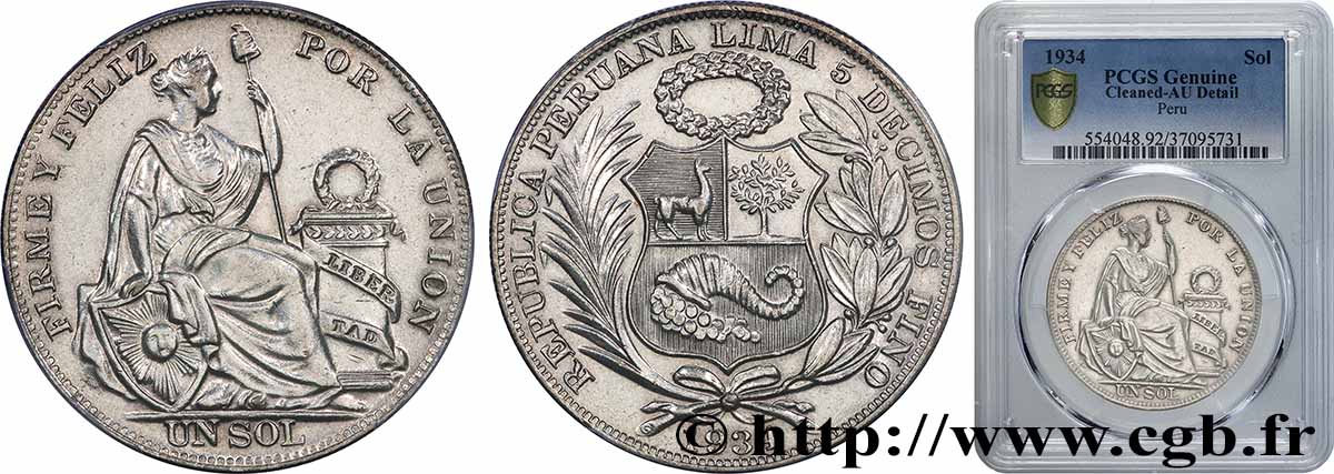 PÉROU 1 Sol “Liberté” 1934 Lima SUP PCGS