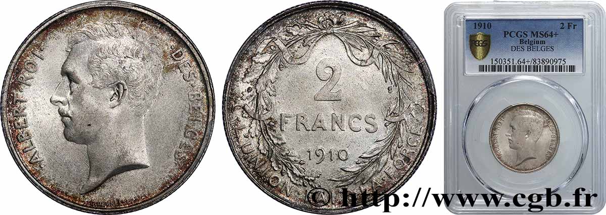 BELGIQUE - ROYAUME DE BELGIQUE - ALBERT Ier 2 Francs légende française 1910 Bruxelles SPL64 PCGS