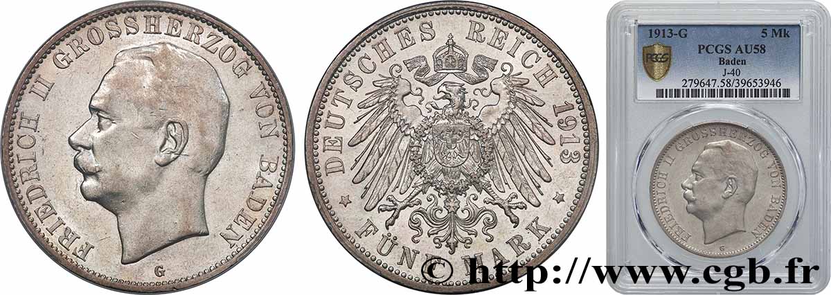 ALLEMAGNE - BADE 5 Mark Frédéric II 1913 Karlsruhe SUP58 PCGS