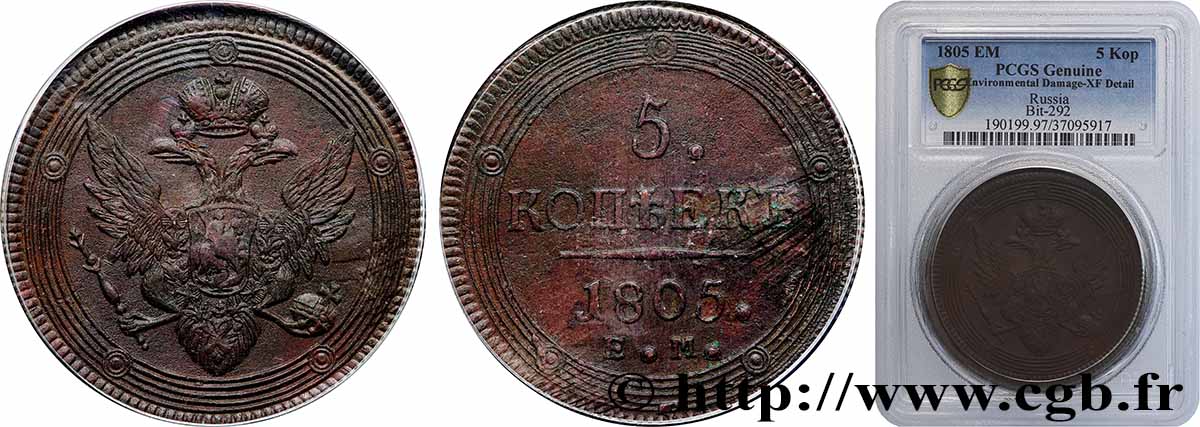 RUSSIE - ALEXIS Ier MIKHAÏLOVITCH 5 Kopecks 1805 Ekaterinbourg TTB PCGS