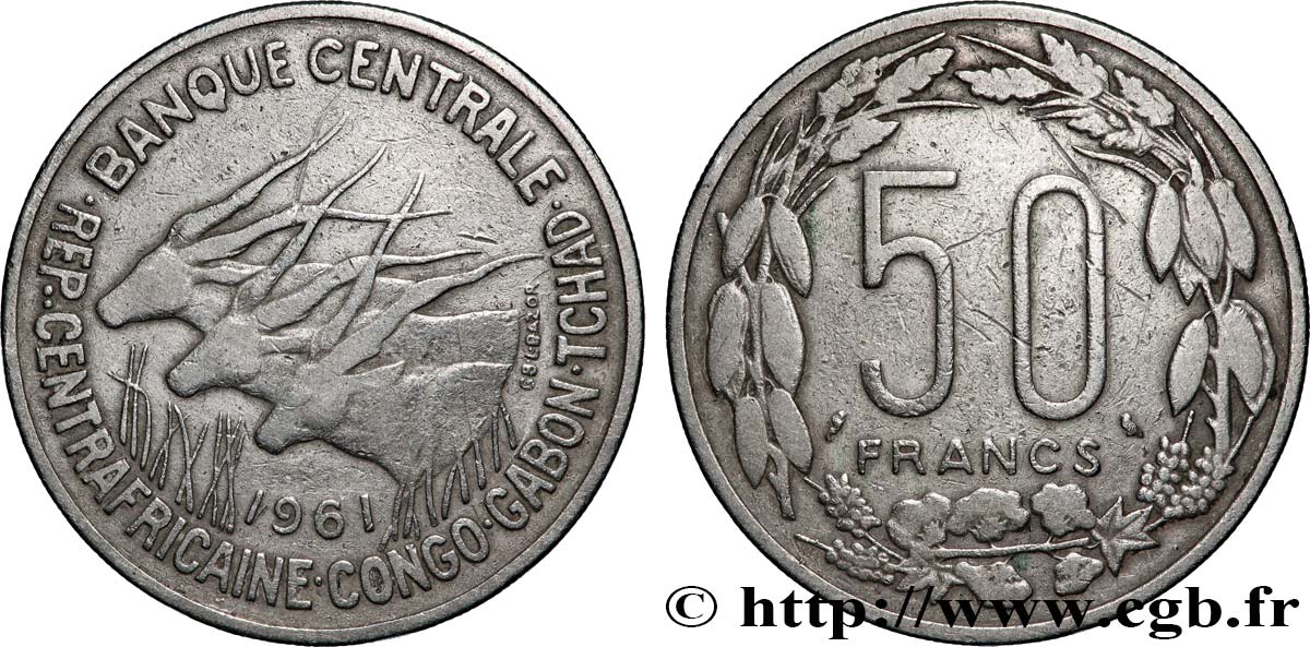 ÉTATS DE L AFRIQUE ÉQUATORIALE 50 Francs antilopes 1961 Paris SUP