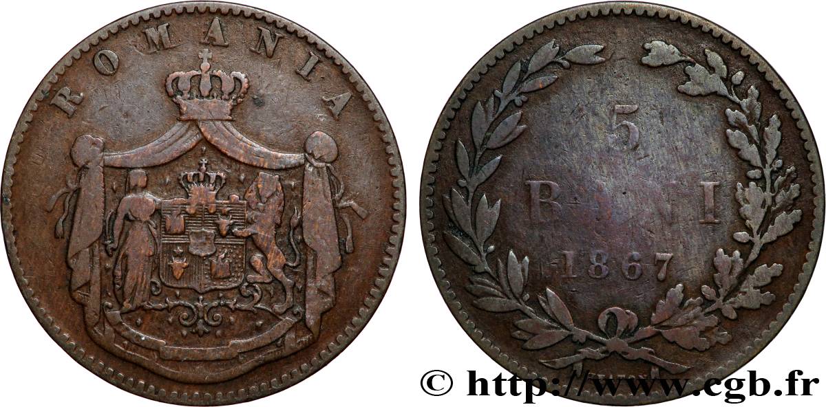 ROUMANIE 5 Bani 1867 Heaton TB