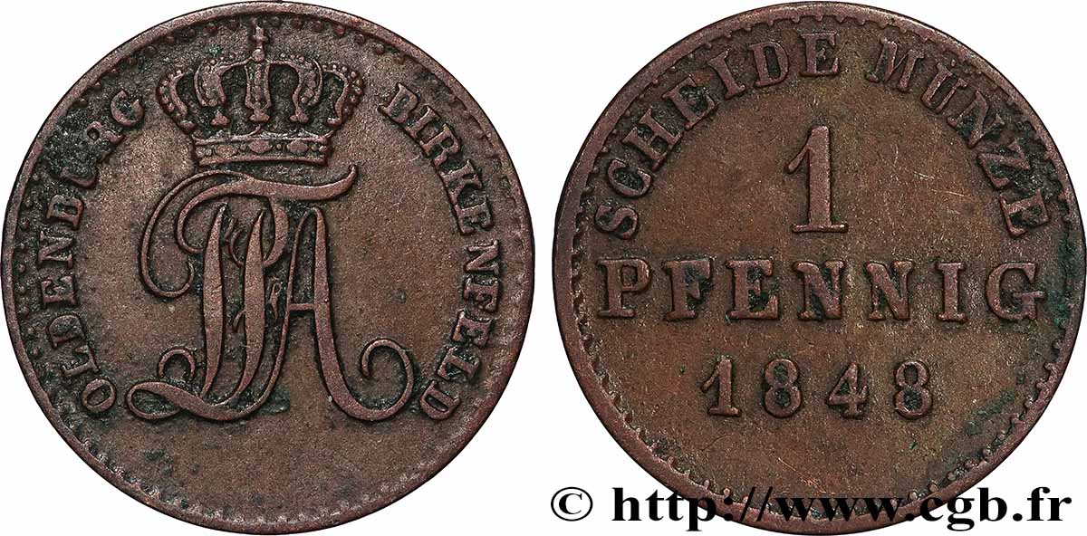 ALLEMAGNE - OLDENBOURG 1 Pfennig monogramme de Paul-Frédéric-Auguste grand-duc 1848 Hanovre TB+