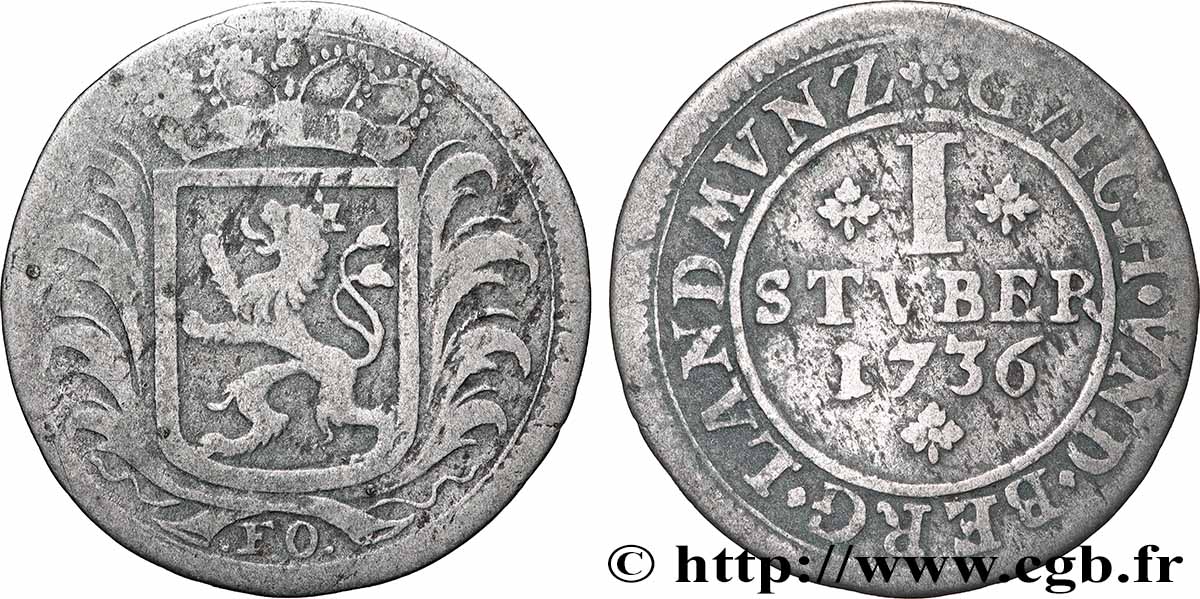 GERMANY - JÜLICH-BERG 1 Stuber Duché de Jülich-Berg lion 1736 VF