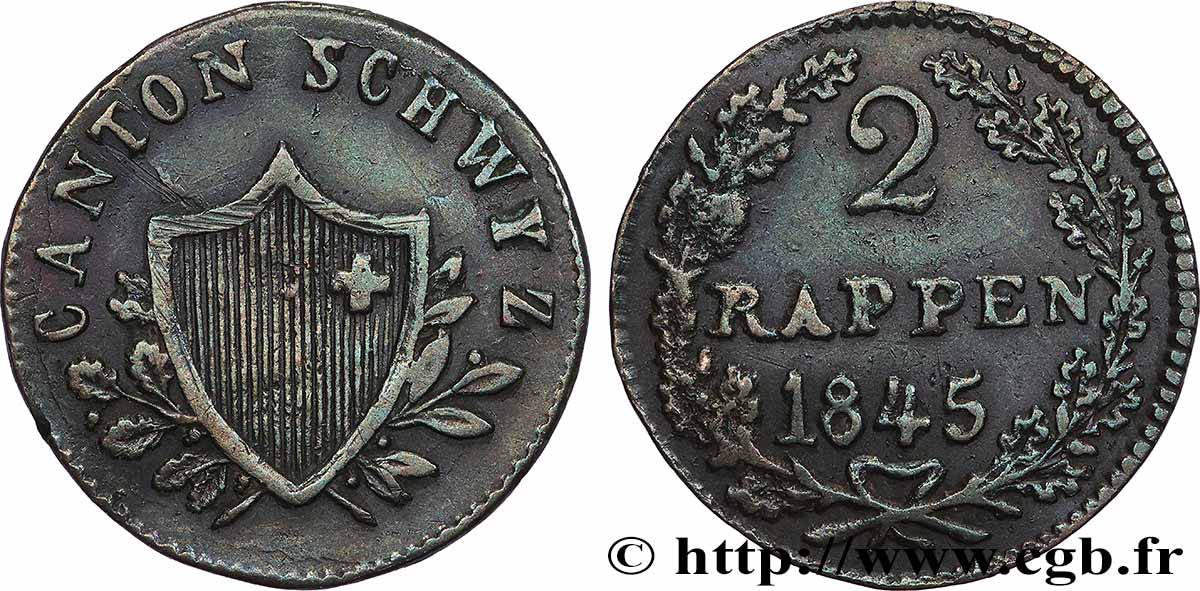 SUISSE - CONFÉDÉRATION HELVÉTIQUE - CANTON DE SCHWYTZ 2 Rappen 1845 TTB