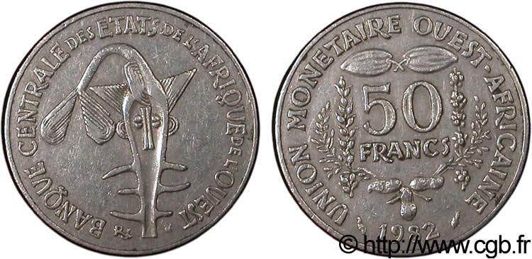 ÉTATS DE L AFRIQUE DE L OUEST (BCEAO) 50 Francs masque / femme F.A.O. 1982 Paris TTB+ 