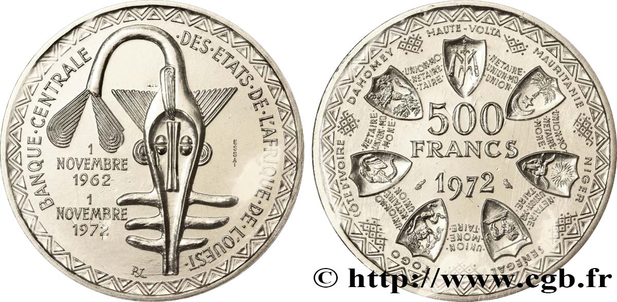STATI DI L  AFRICA DE L  OVEST Essai de 500 Francs 1972 Paris FDC 