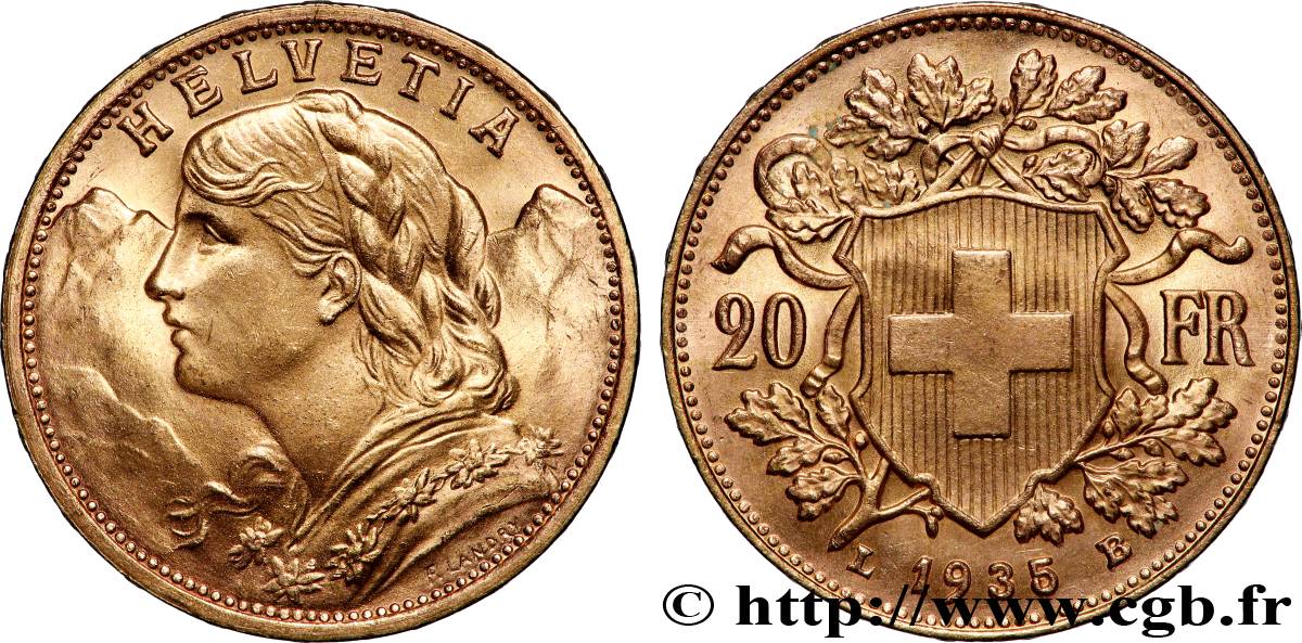 OR, PALLADIUM ET PLATINE INVESTISSEMENT 20 Francs Vreneli 1935 Berne SPL