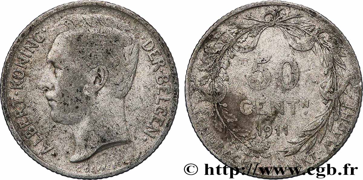 BELGIQUE 50 Centimes Albert Ier légende en flamand 1911 Bruxelles TB