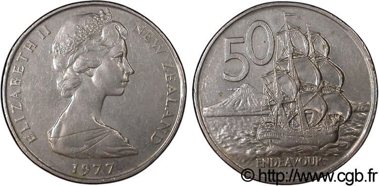 NOUVELLE-ZÉLANDE 50 Cents ELisabeth II / trois-mats Endeavour 1977  TTB 