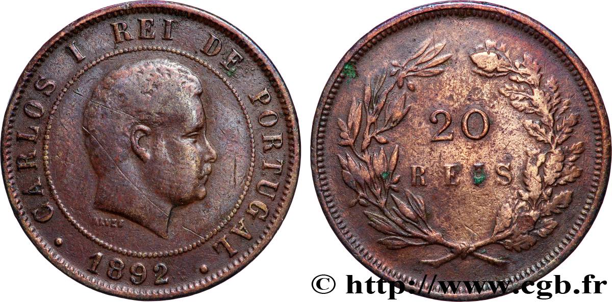 PORTUGAL - ROYAUME DU PORTUGAL - CHARLES Ier 20 Réis 1892 Lisbonne TB+