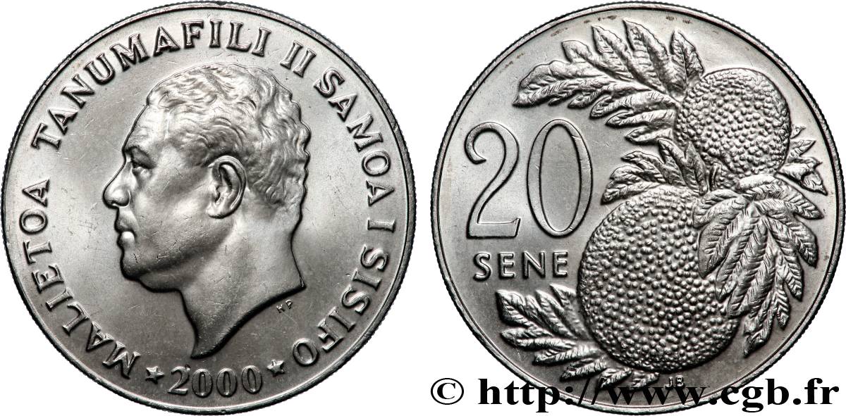 SAMOA Ouest 20 Sene roi Malietoa Tanumafili II / arbre à pain 2000 Canberra SPL