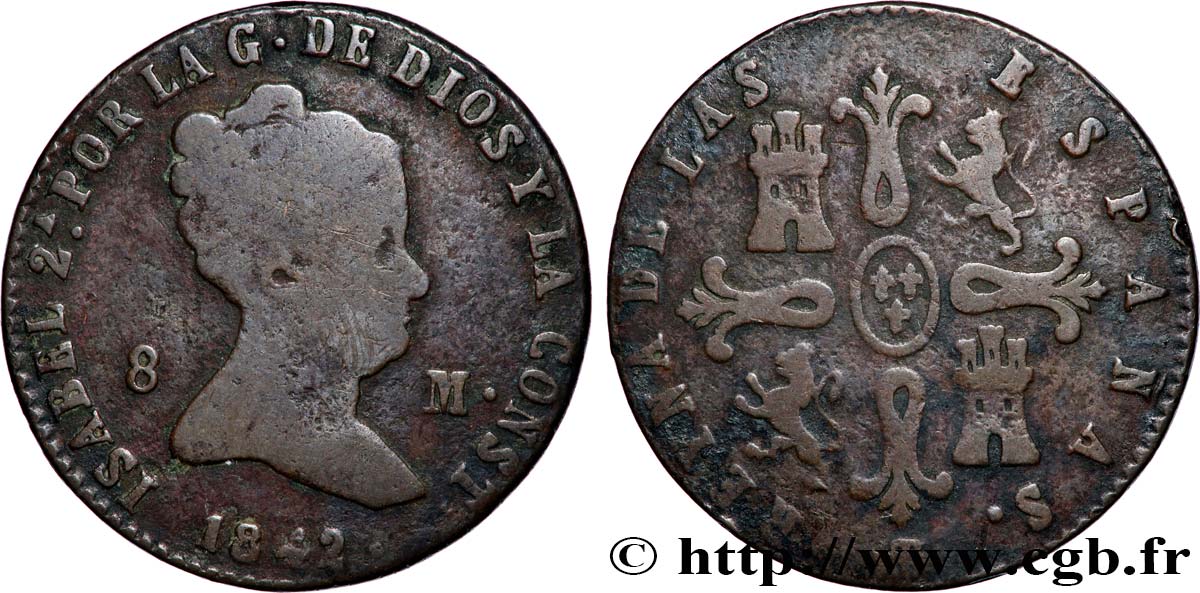 ESPAGNE 8 Maravedis Isabelle II 1842 Ségovie TB
