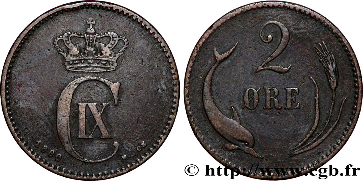 DANEMARK 2 Ore Christian IX 1880 Copenhague TTB