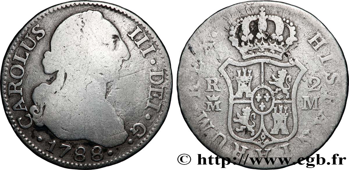 SPAIN - KINGDOM OF SPAIN - CHARLES III 2 Reales 1788 Madrid VF