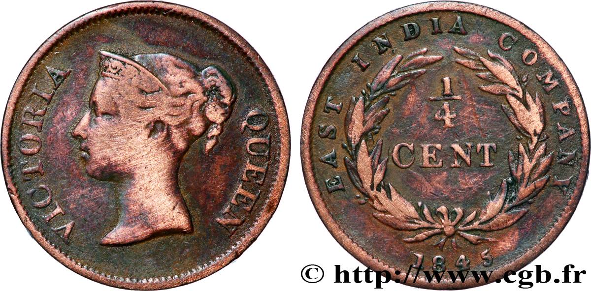 MALAISIE - ÉTABLISSEMENTS DES DÉTROITS 1/4 Cent Victoria 1845 TB