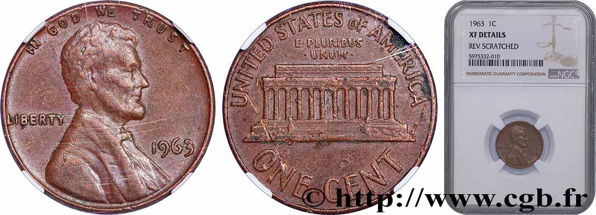 ÉTATS-UNIS D AMÉRIQUE 1 Cent Lincoln / mémorial 1963 Philadelphie TTB NGC