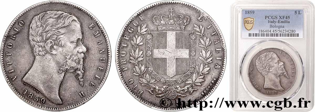 ITALIE - ROYAUME D ITALIE - VICTOR-EMMANUEL II 5 Lire Victor Emmanuel II 1859 Bologne TTB45 PCGS