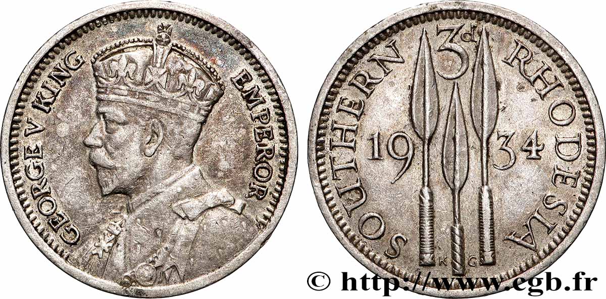 RHODÉSIE DU SUD 3 Pence Georges V 1934 TTB+