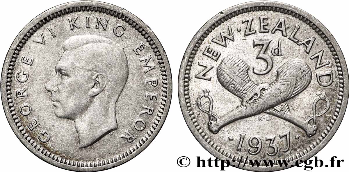 NOUVELLE-ZÉLANDE 3 Pence Georges VI 1937 TTB
