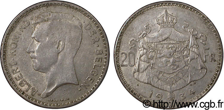 BELGIQUE 20 Francs Albert Ier légende Flamande position B 1934  TTB 