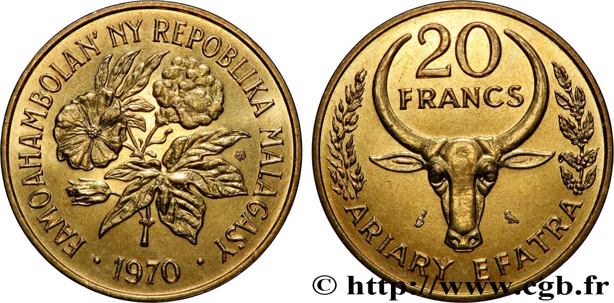 MADAGASCAR 20 Francs - 4 Ariary buffle / fleurs 1970 Paris SPL