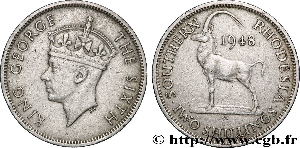 RHODÉSIE DU SUD 2 Shillings Georges VI / antilope des sables 1948 TTB