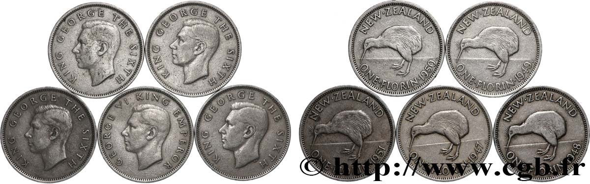 NOUVELLE-ZÉLANDE Lot de 5 pièces de 1 Florin Georges VI Années diverses TB+