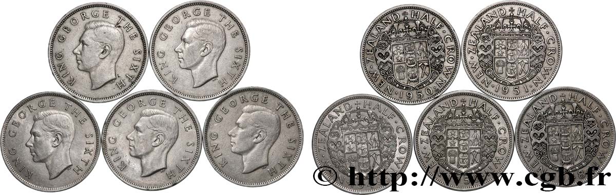 NOUVELLE-ZÉLANDE Lot de 5 pièces de 1/2 Crown Georges VI Années diverses Londres TTB