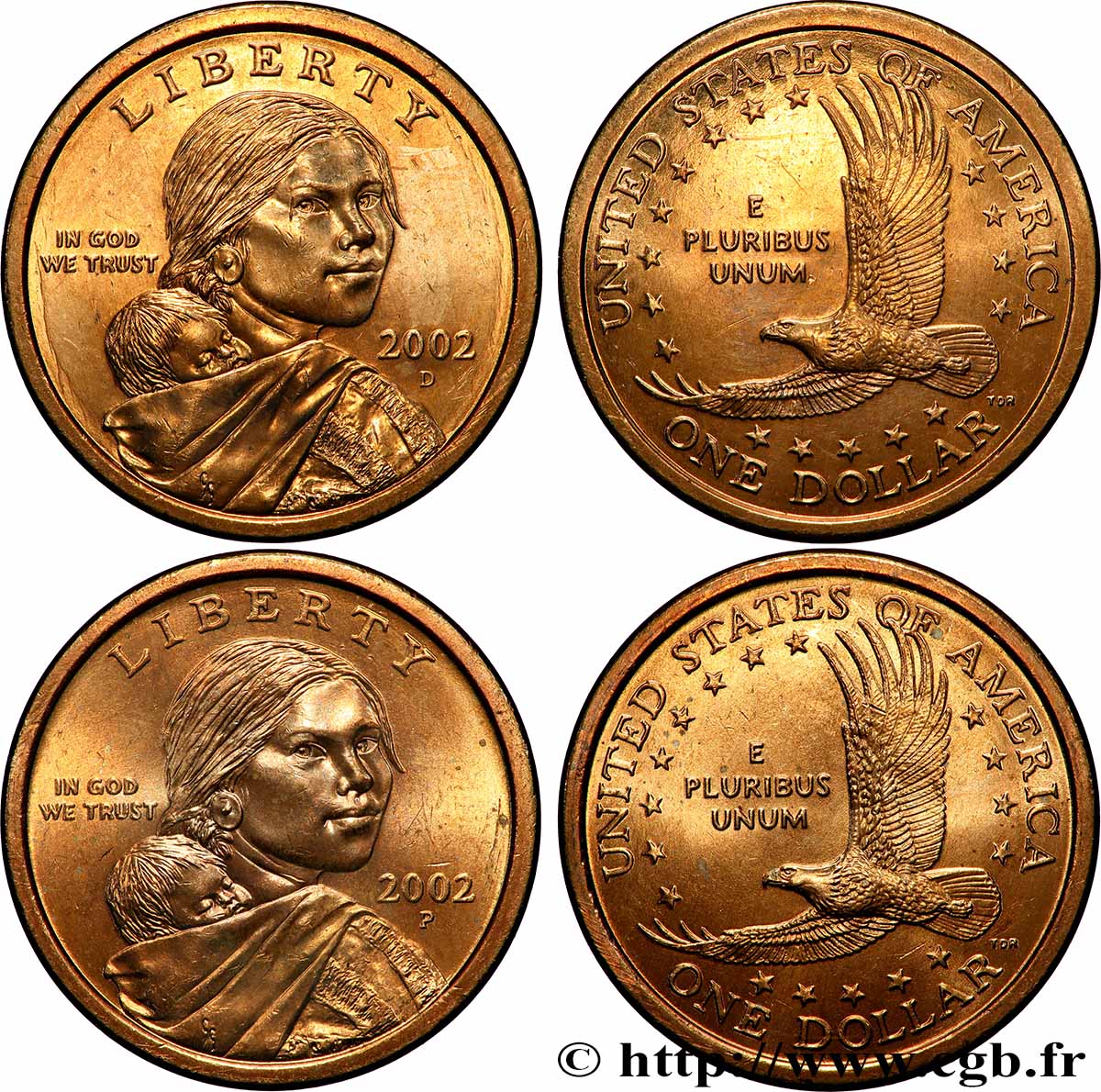 UNITED STATES OF AMERICA Lot de 2 monnaies de 1 Dollar Sacagawea 2002 Philadelphie + Denver MS