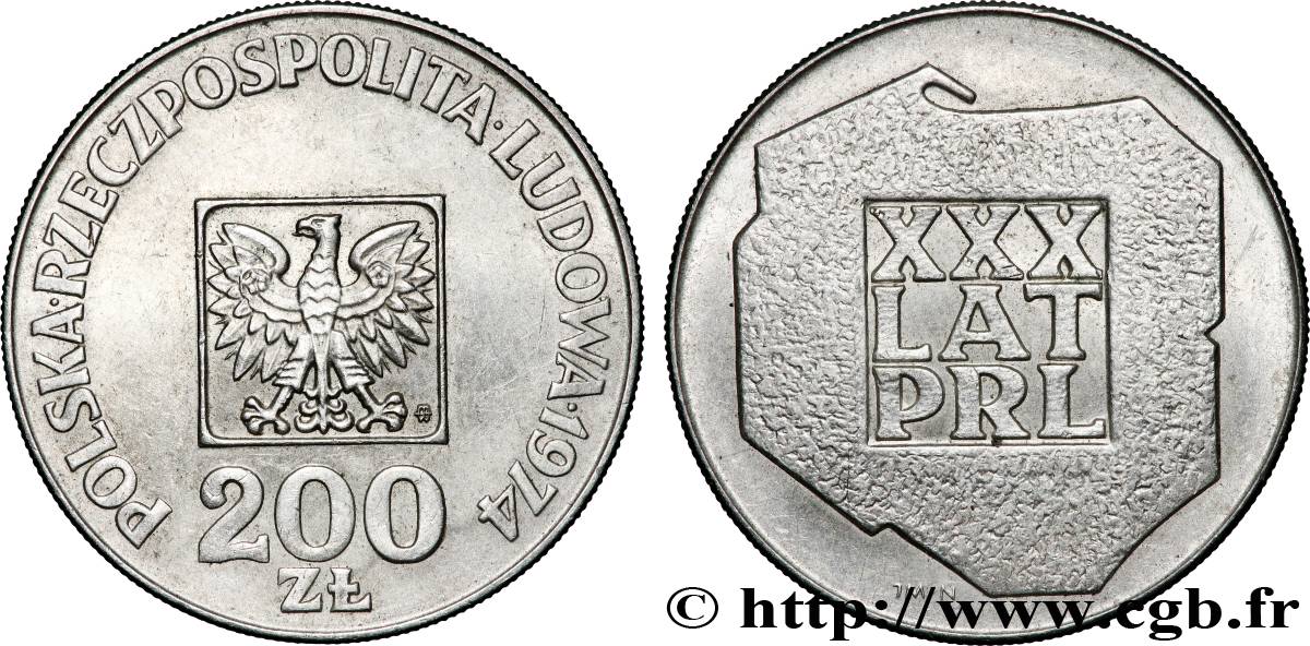 POLOGNE 200 Zlotych aigle 30e anniversaire de la fondation de la république populaire 1974 Varsovie SUP
