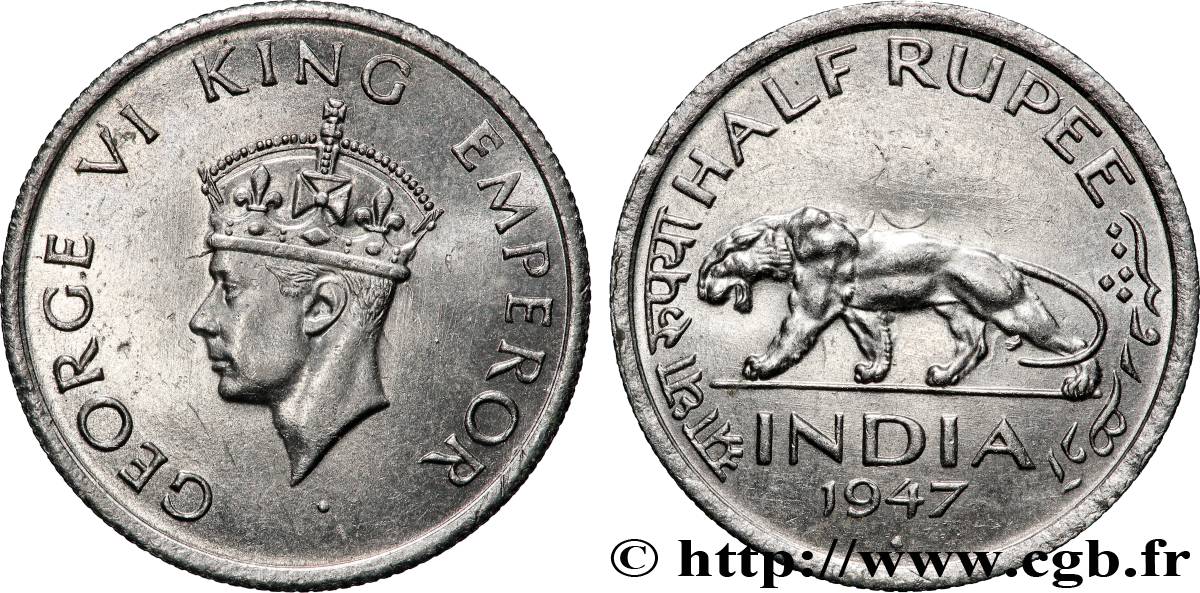 INDIA 1/2 Roupie Georges VI / tigre 1947 Bombay (Mumbai) AU