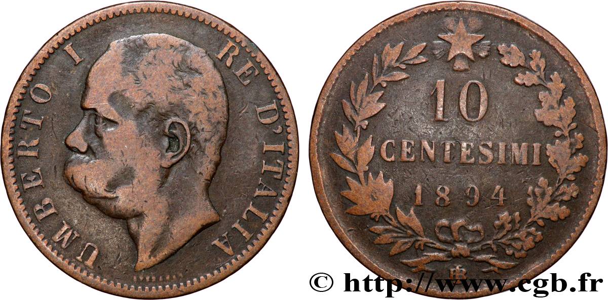 ITALIE 10 Centesimi Humbert Ier 1893 Birmingham TB