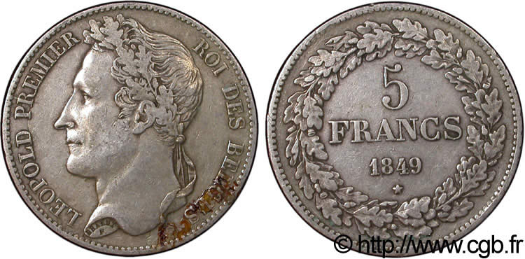 BELGIQUE 5 Francs Léopold Ier tête laurée 1849  TTB+ 