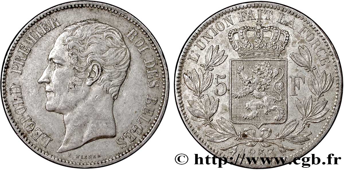 BELGIQUE 5 Francs Léopold Ier tête nue 1853  TTB 
