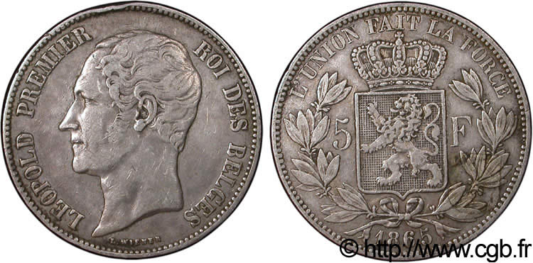 BELGIQUE 5 Francs Léopold Ier tête nue 1865  TB+ 